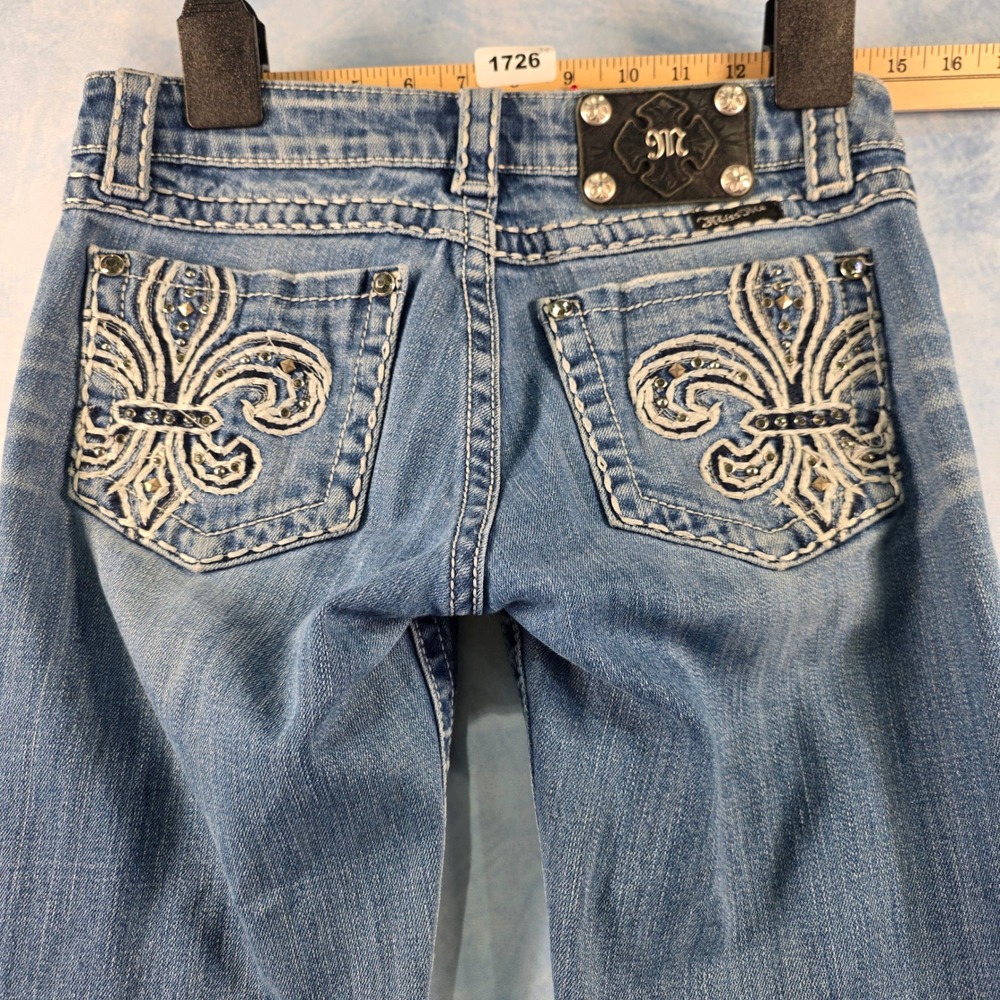 Miss Me JP5109SK-2 Skinny Jeans Medium Wash Fleur De Lis‎ Rhinestone Denim 26